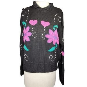 Vintage 80s Black Beaded Embellished Collard Sweater Size Small